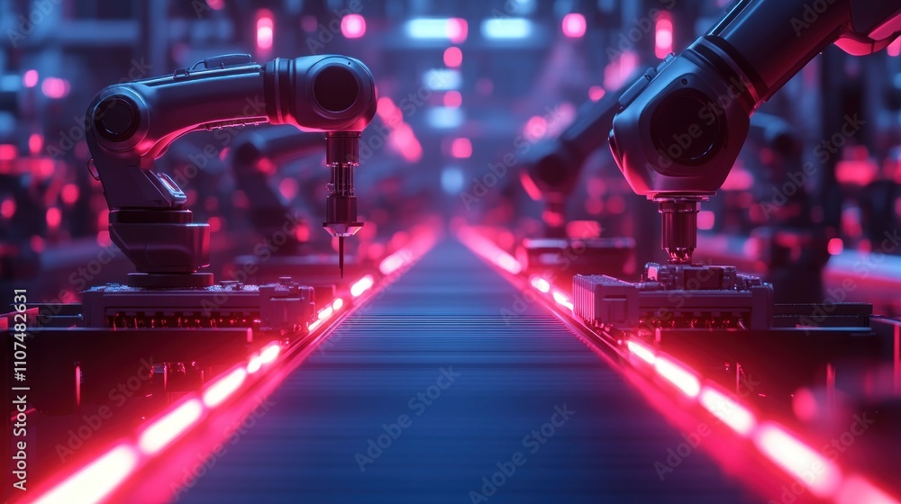 Poster two robotic arms work on an assembly line with red lights.