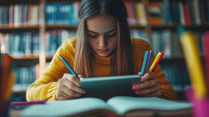 Focused teenage girl studying in library, using tablet and pen.