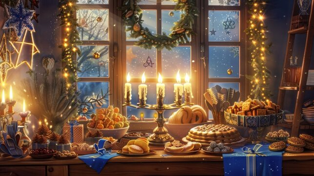 Warm festive atmosphere during a Hanukkah celebration in a cozy home setting with delicious treats