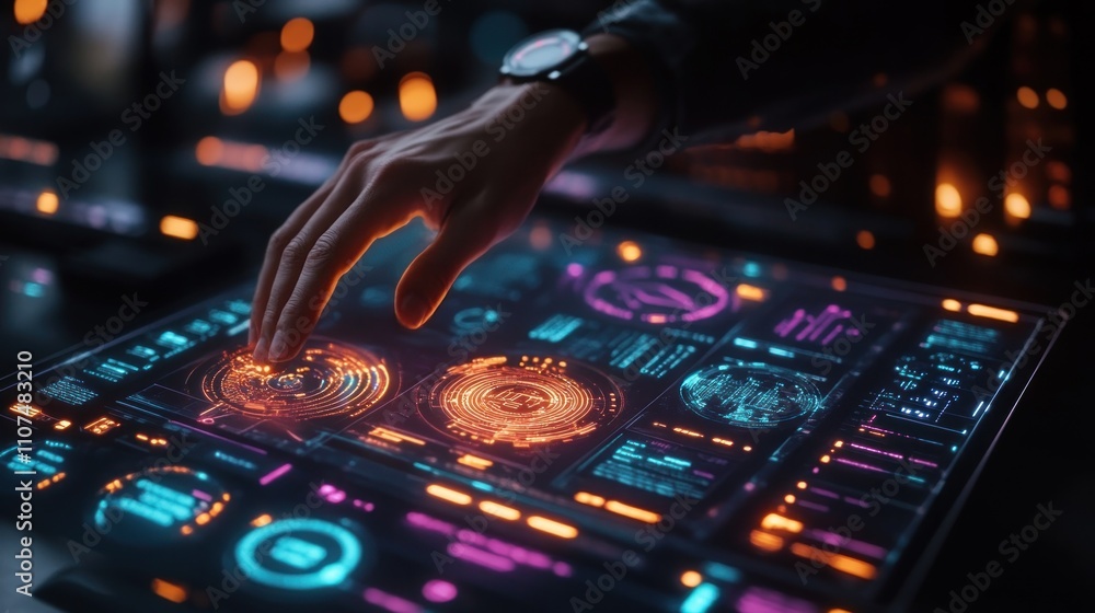 Aufkleber a hand interacts with a futuristic interface, manipulating data on a holographic screen.