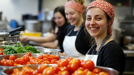 Happy female chef in a commercial kitchen with colleagues preparing tomatoes.