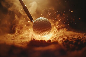 golf club hits ball, close up shot, advertising shoot golf club