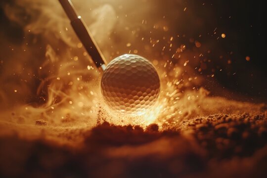 golf club hits ball, close up shot, advertising shoot golf club