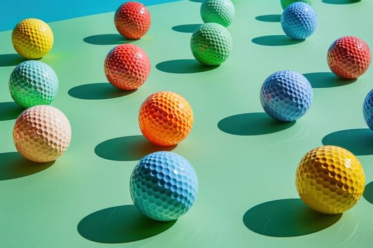 advertising shooting of a set of golf balls bright colors minimalism