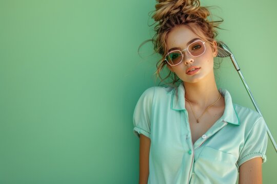 beautiful girl model with golf club on green background, advertising shooting, place for text - Powered by Adobe