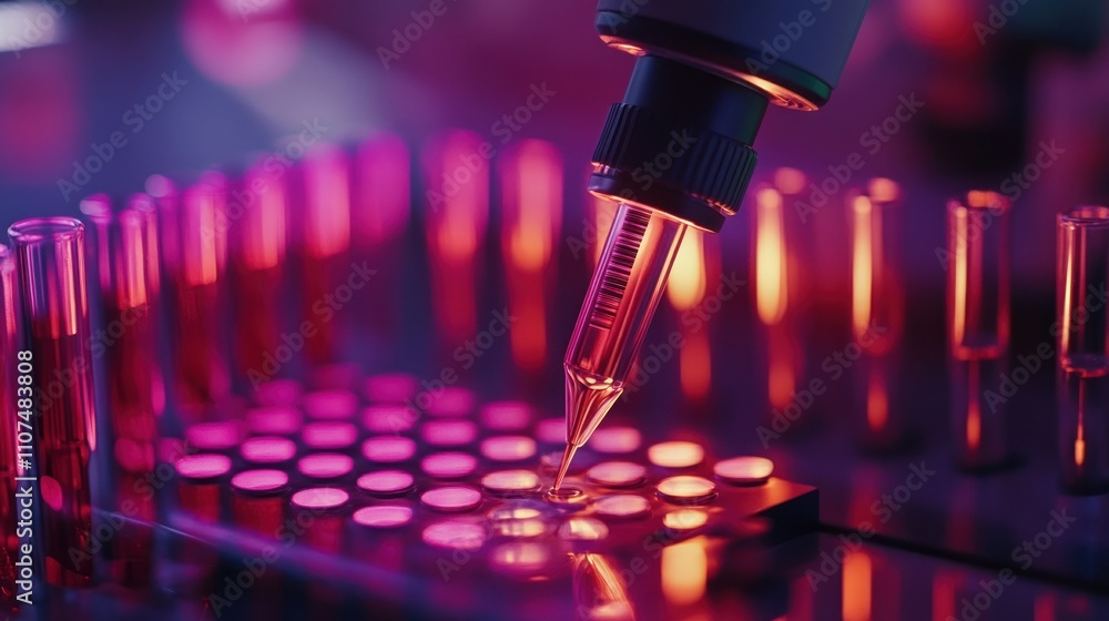 Poster pipette dispensing liquid into a microplate in a laboratory setting with dramatic lighting.