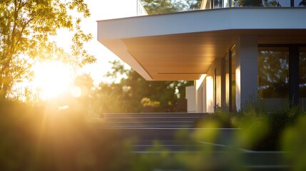 Fototapeta premium Modern House Sunset Backlit Exterior Design