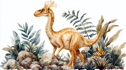 Dinosaur Illustration Watercolor Art, Jungle Leaves and Rocks, Handpainted Dinosaur in Forest, Nature Artwork Print