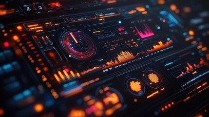 Fototapeta premium Futuristic digital dashboard with glowing interface displays data metrics, graphs, and charts.