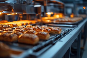 Freshly baked pastries move along a conveyor belt in a bakery.