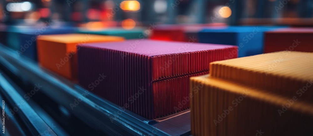 Poster a close-up view of a row of colorful boxes moving along a conveyor belt in a factory.