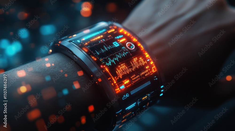 Poster a futuristic smartwatch on a wrist with a glowing display showing heart rate data.
