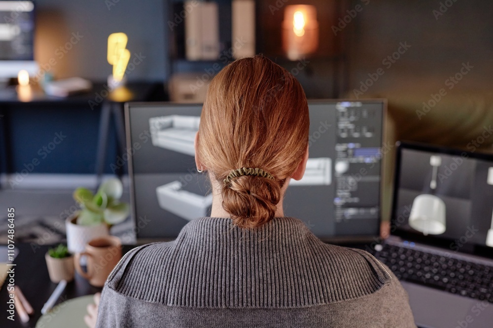Poster woman sitting at desk with multiple monitors showing 3d design software in modern office. profession