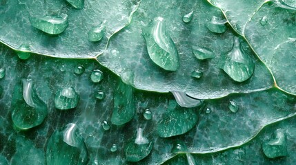 Obraz premium Extreme&nbsp;close-up of aloe vera leaf showing&nbsp;detailed surface texture with glistening water droplets. Natural&nbsp;dew beads capture morning light, emphasizing the plant's fresh, medicinal qualities.