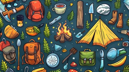 Colorful camping gear and nature elements pattern.
