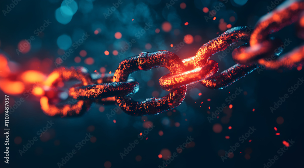 Aufkleber a close-up view of glowing, rusted chains illuminated by blue and orange light, creating a striking 