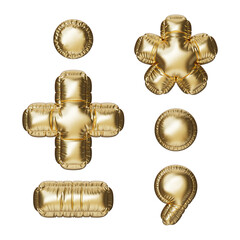 Punctuation marks: dot, comma, plus, minus or dash, asterisk. Isolated on a transparent background. An inflatable balloon of gold color with a glossy texture. Front view.