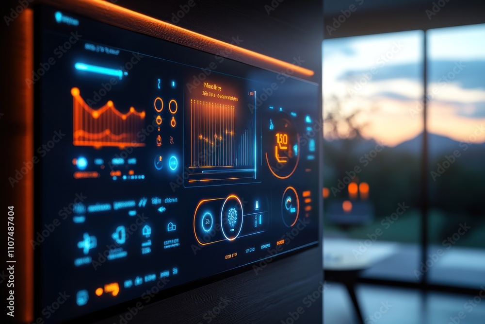 Poster smart home control panel displaying energy consumption data and other metrics on a large screen in a
