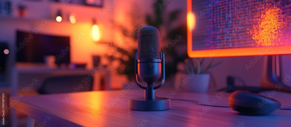 Poster a retro microphone sits on a desk in a home office with warm lighting and a computer monitor in the 