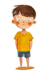 A cheerful boy with short brown hair in a yellow shirt and denim shorts, standing on a bright surface.