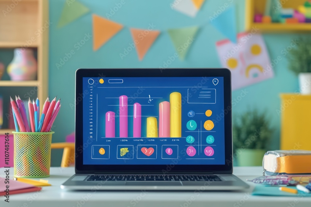 Aufkleber laptop displaying colorful data charts in a child's playful room.