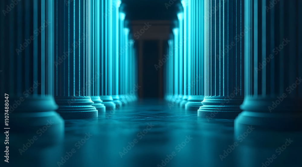 Poster a serene corridor of illuminated columns, casting an ethereal glow, leading into a mysterious dark s