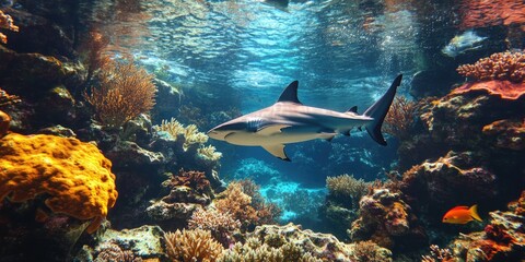 Shark swimming through coral reef