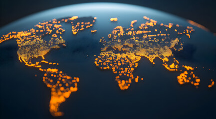 A glowing representation of the world map, showcasing illuminated regions against a dark background, symbolizing global connectivity and technology.