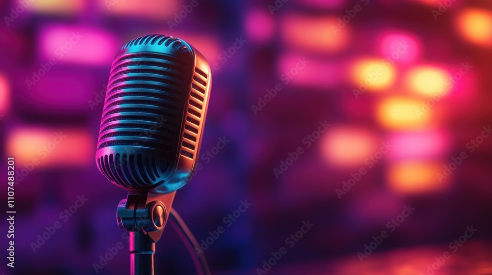 Poster retro microphone on stage with colorful bokeh lights.