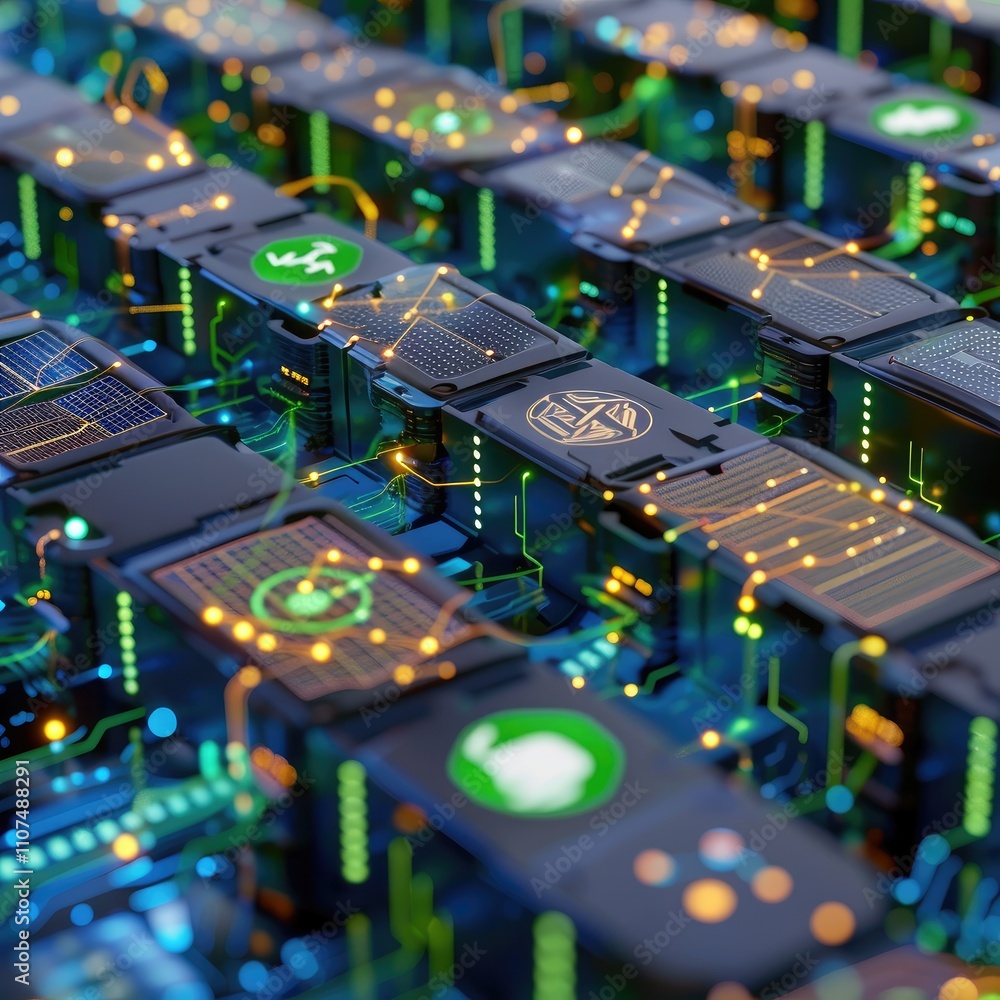 Poster a close-up of a futuristic circuit board with glowing elements and icons.