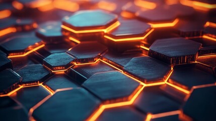 Futuristic technology background featuring glowing hexagons in a dynamic honeycomb pattern, perfect for high-tech designs, digital innovation concepts, and cybernetic visuals