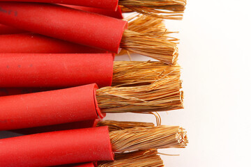 Fototapeta premium Copper electrical installation wires in colored insulation. Close-up. Soft focus.