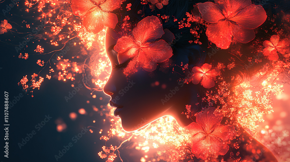Poster artistic representation of a woman with floral elements creating an ethereal and vibrant atmosphere 