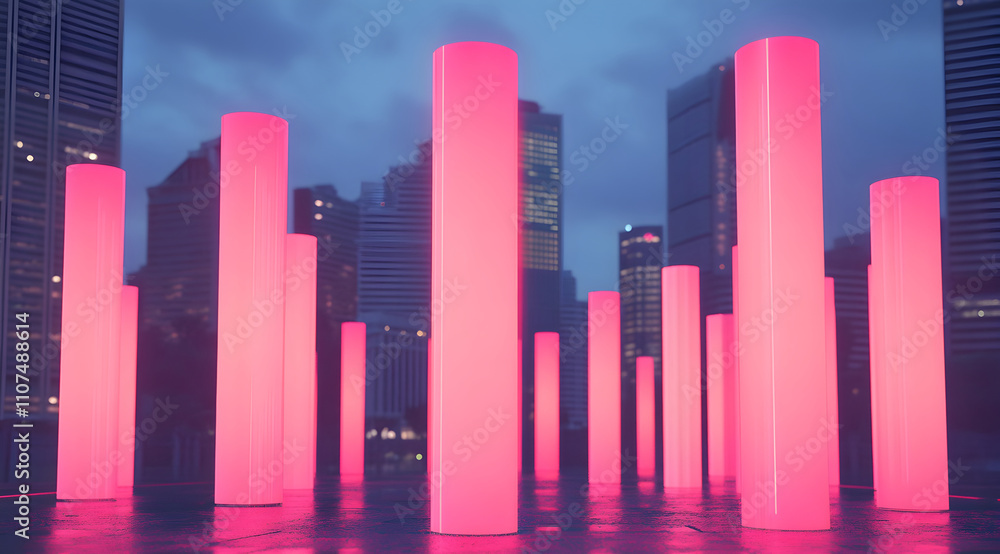 Poster a vibrant display of glowing pink columns stands against a twilight city backdrop, creating a striki