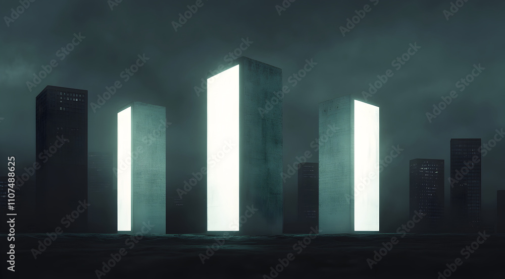 Poster three illuminated monoliths stand against a dark, cloudy backdrop, creating a mysterious and futuris
