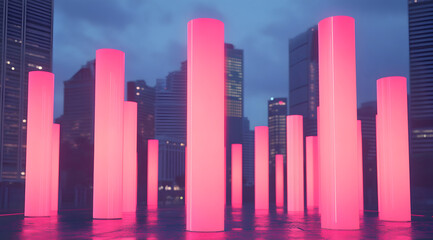 Fototapeta premium A vibrant display of glowing pink columns stands against a twilight city backdrop, creating a striking contrast with the modern skyline.