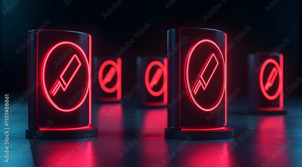 Poster a futuristic scene featuring glowing red cylindrical objects with a distinctive symbol, set against 