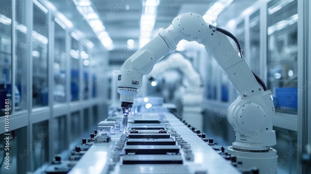 Poster a robotic arm works on an assembly line in a modern factory.