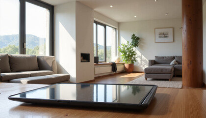 Fototapeta premium Modern living room with tablet on table, bright and airy atmosphere, stylish furniture, mountain view