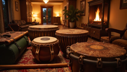Cozy living room with traditional drums and warm fireplace, inviting atmosphere, cultural decor