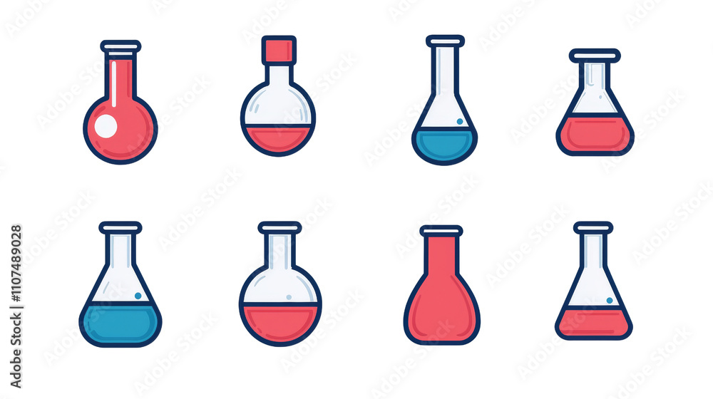 Poster a collection of various laboratory flasks in different shapes and colors, showcasing scientific expe