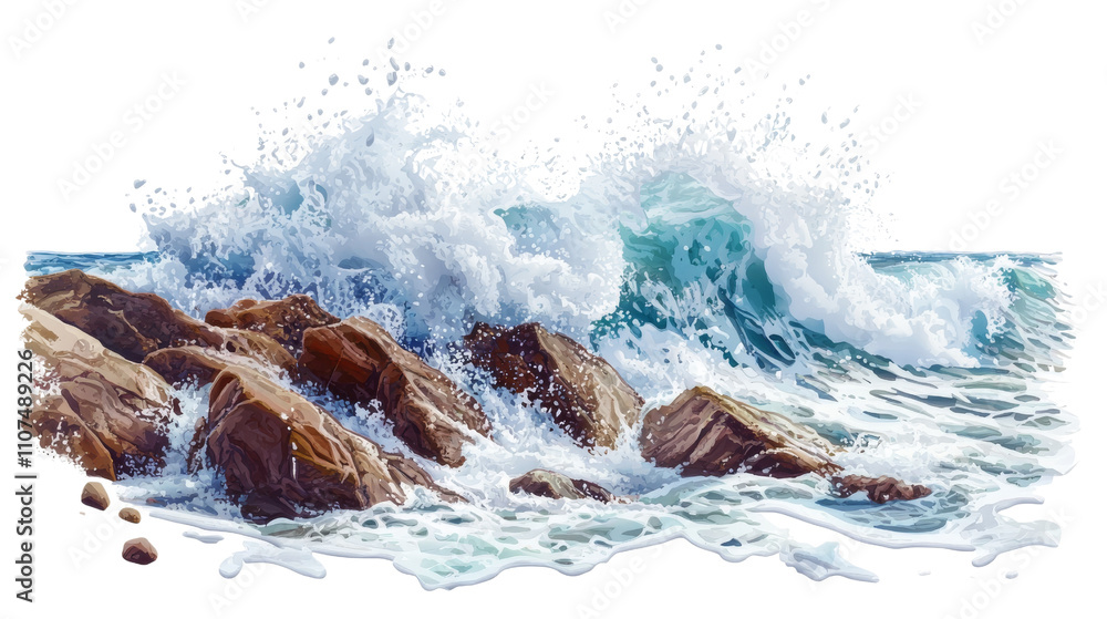 Poster a powerful wave crashes over rugged rocks, creating a mist of white foam and showcasing the dynamic 