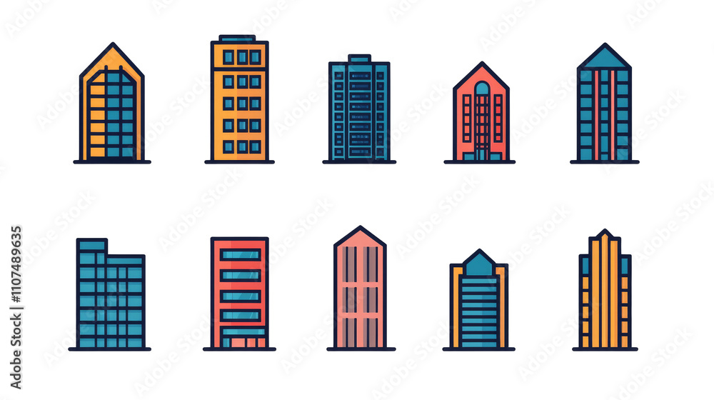 Poster a collection of colorful building illustrations featuring various architectural styles and designs.