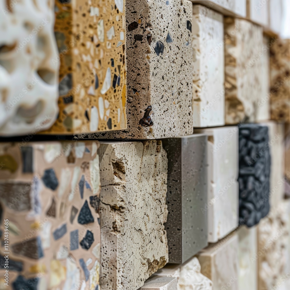 Aufkleber a display of various textured stone and concrete samples for design and architectural purposes.
