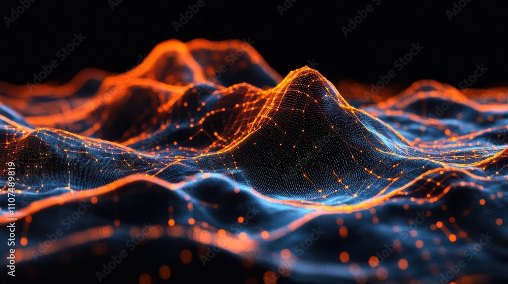 Poster abstract 3d render of data waves with orange and blue light points representing digital terrain and 