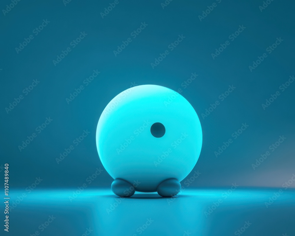 Poster abstract 3d rendering of a simple blue sphere with a hole, supported by round feet, set against a so
