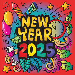 New Year 2025 hand lettering with doodle elements. Vector illustration