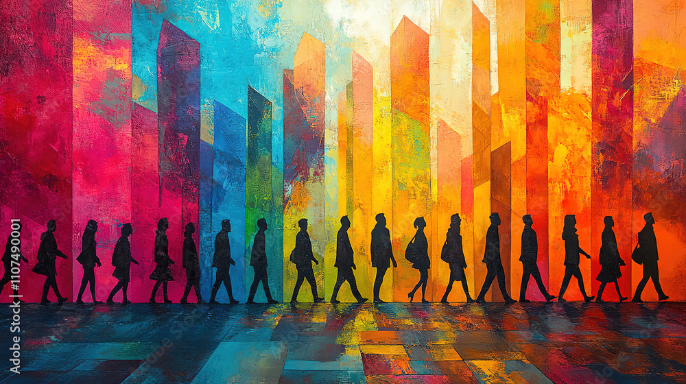 Poster people walking in silhouette against a vibrant abstract background of colorful shapes in a busy urba
