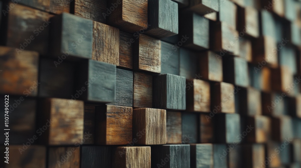Poster abstract arrangement of brown and black wooden blocks creating a textured surface for modern interio