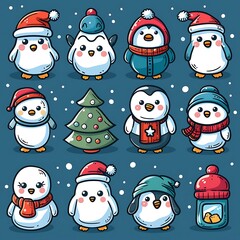 Cute cartoon penguins in winter clothes, hats, and scarves celebrating Christmas with a decorated tree and gifts.